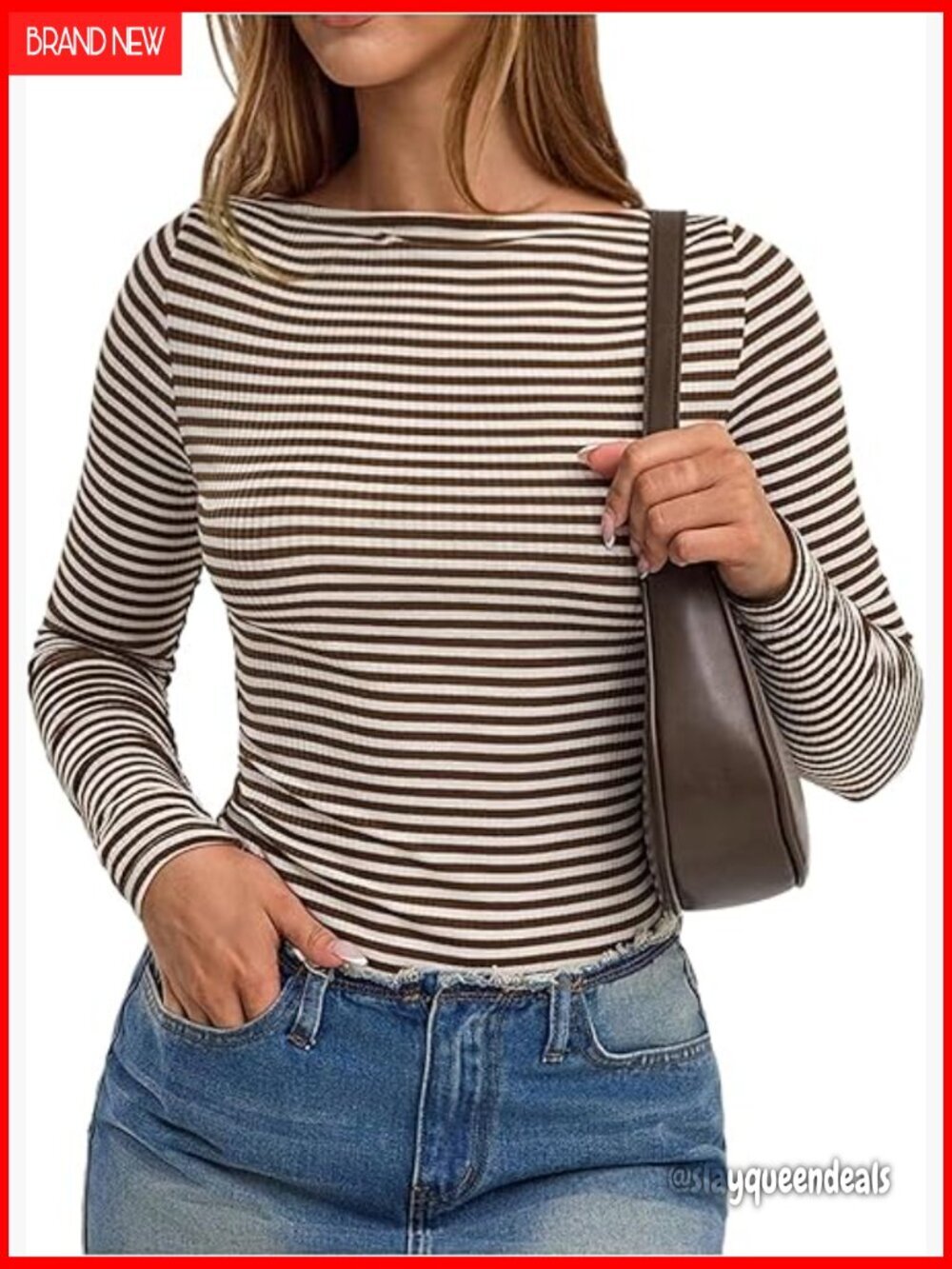 Striped Long Sleeve Boat Neck Fitted Knit Top Slim Fit Tee